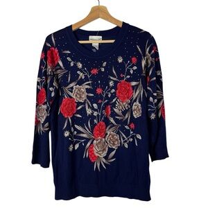Rebecca Malone Navy Blue Red Rose Floral Long Sleeve Knit Sweater L